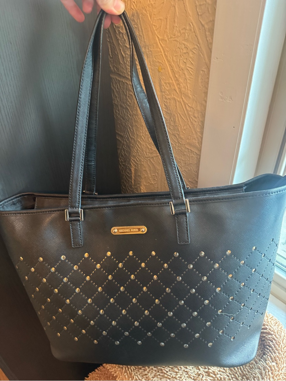 Michael Kors Black Tote with Gold Stud Diamond Pattern